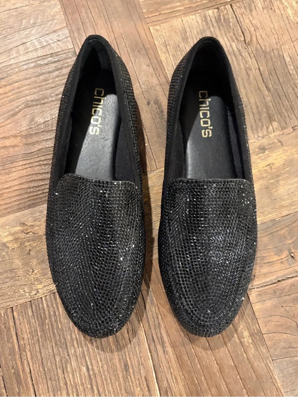 Chico's Heloise Black Rhinestone Sparkle Loafer Flats - Size 6.5